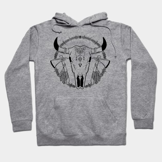 Bull Skull Head Boho Western tomahawk feathers Hoodie by Trippycollage